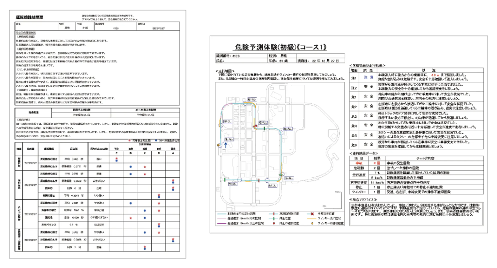 シミュレーター評価の結果帳票。反応時間などが数値とグラフで示されている